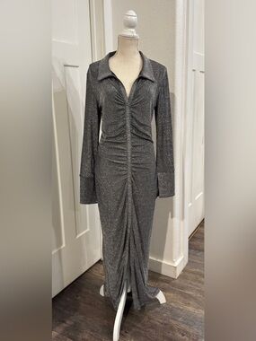 WAYF Metallic Silver Ruched Long Sleeve Midi Dress Size Large Holiday